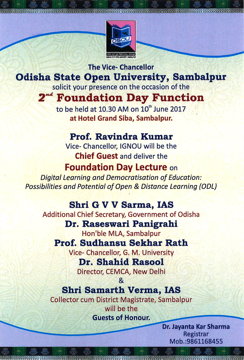 Invitation Card of 2nd Foundation Day Function of OSOU
